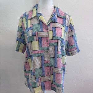 Allison Daley Vintage Abstract Patchwork Blouse Retro Pastel